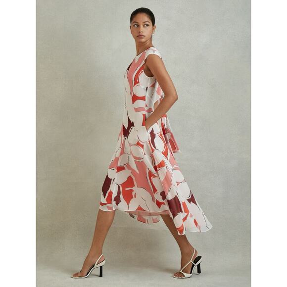 NWT Reiss Becci Printed Sleeveless Open Back Midi Dress in Red Sz 4 - Picture 6 of 10